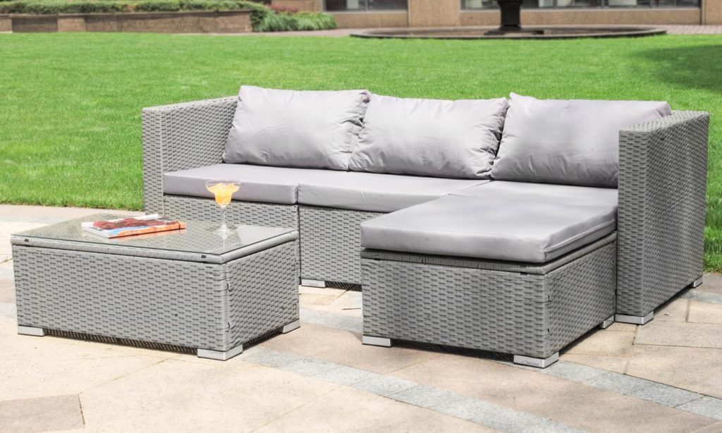 Loungeset wicker loungebank tuin 3 persoons met tafel grijs