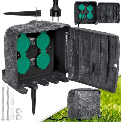 Stopcontact voor tuin - 4 stopcontacten - rots / steen look - met grondpin - IP44 waterdicht - max 3680 watt