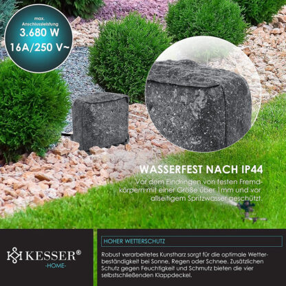 Stopcontact voor tuin - 4 stopcontacten - rots / steen look - met grondpin - IP44 waterdicht - max 3680 watt - Afbeelding 3