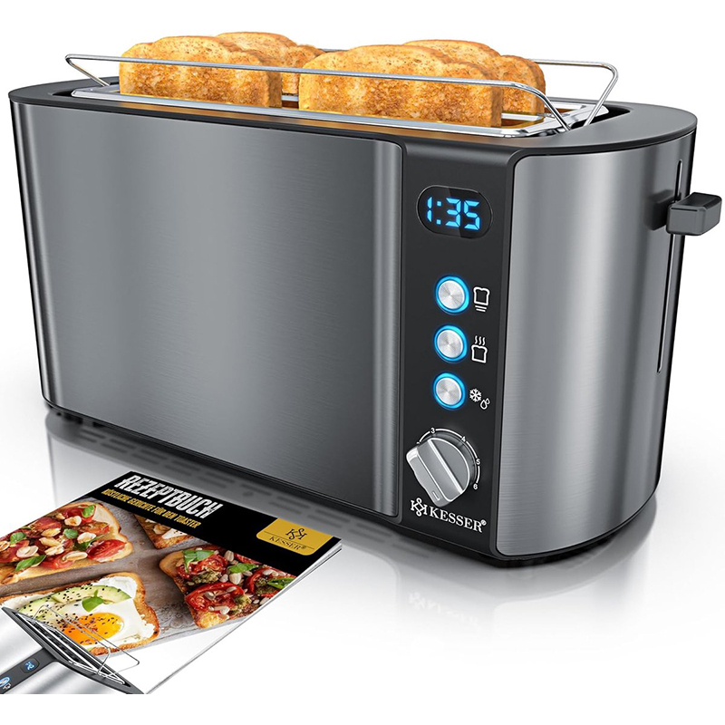 XL Broodrooster met broodjesopzetstuk - 4 boterhammen - met lange sleuf - 6 bruiningsniveaus - ontdooi- en opwarmfunctie