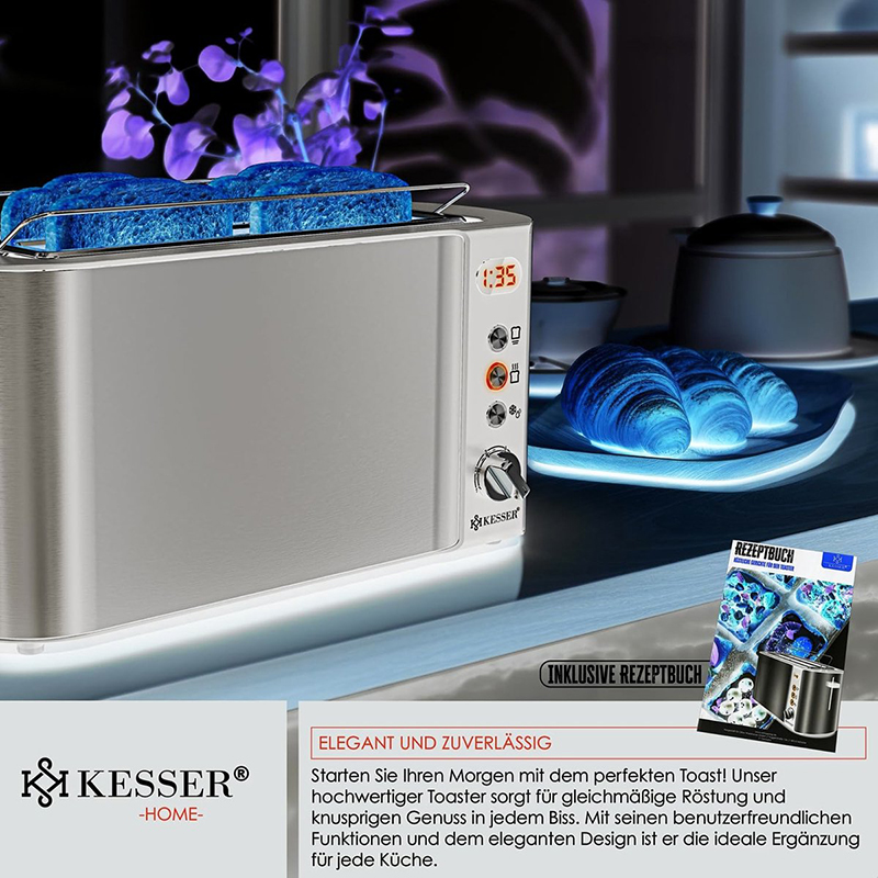 XL Broodrooster met broodjesopzetstuk - 4 boterhammen - met lange sleuf - 6 bruiningsniveaus - ontdooi- en opwarmfunctie - Afbeelding 2