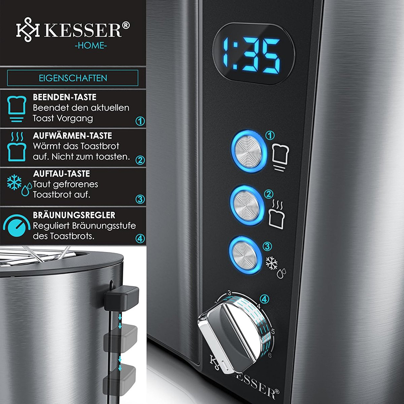 XL Broodrooster met broodjesopzetstuk - 4 boterhammen - met lange sleuf - 6 bruiningsniveaus - ontdooi- en opwarmfunctie - Afbeelding 5
