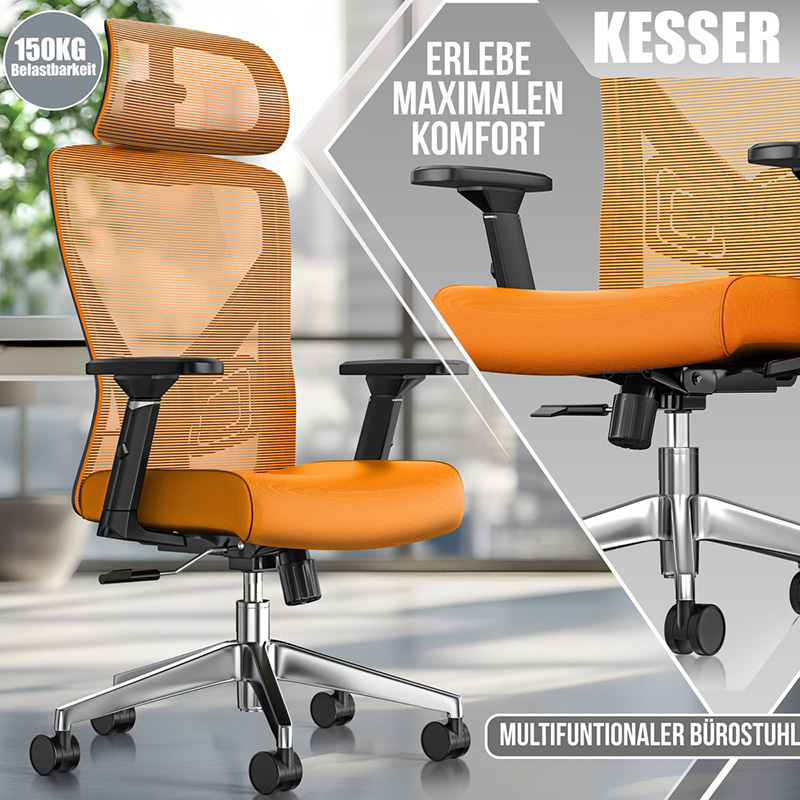 Premium bureaustoel - ergonomische - voor volwassenen - verstelbare rugleuning en hoogte - 5x rubberen wielen - oranje / zilver - Afbeelding 2