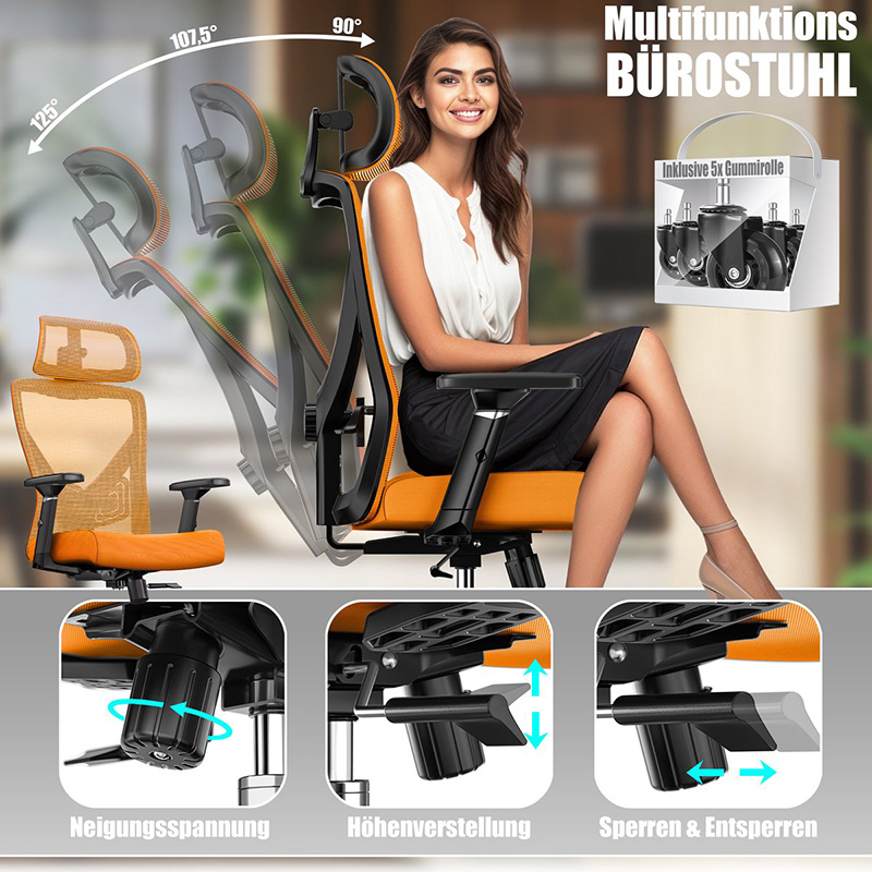 Premium bureaustoel - ergonomische - voor volwassenen - verstelbare rugleuning en hoogte - 5x rubberen wielen - oranje / zilver - Afbeelding 3