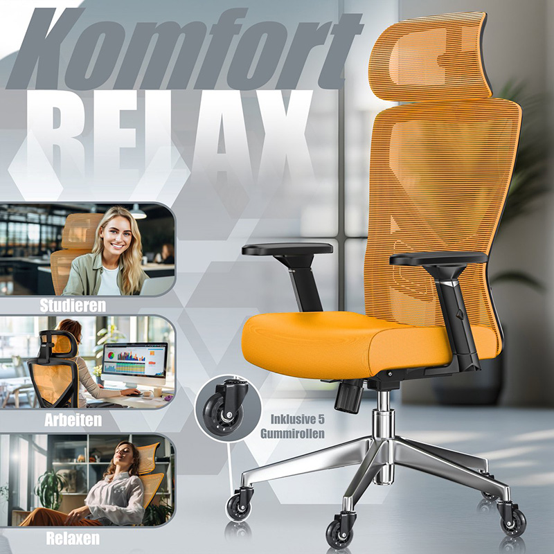 Premium bureaustoel - ergonomische - voor volwassenen - verstelbare rugleuning en hoogte - 5x rubberen wielen - oranje / zilver - Afbeelding 4