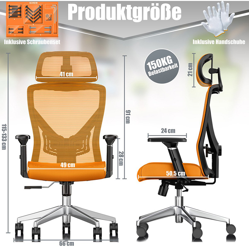 Premium bureaustoel - ergonomische - voor volwassenen - verstelbare rugleuning en hoogte - 5x rubberen wielen - oranje / zilver - Afbeelding 5