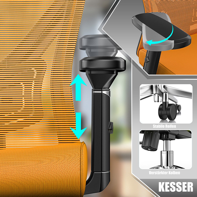 Premium bureaustoel - ergonomische - voor volwassenen - verstelbare rugleuning en hoogte - 5x rubberen wielen - oranje / zilver - Afbeelding 6