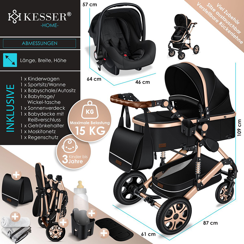 zwart chapgne kinderwagen