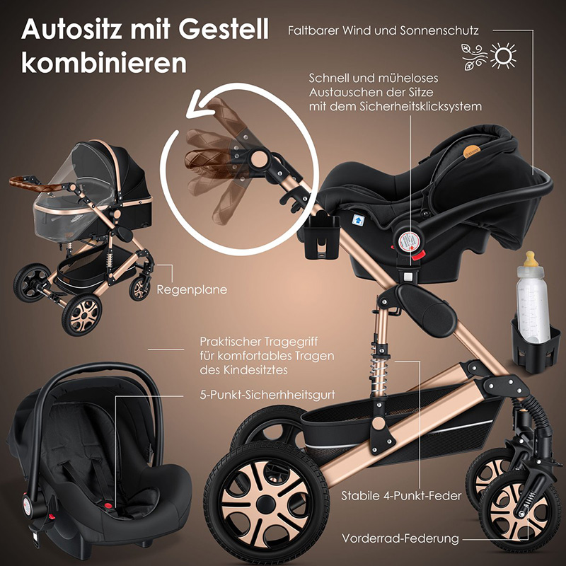 zwart chapgne kinderwagen