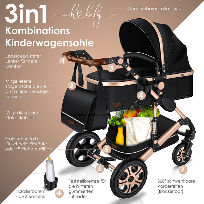 zwart chapgne kinderwagen