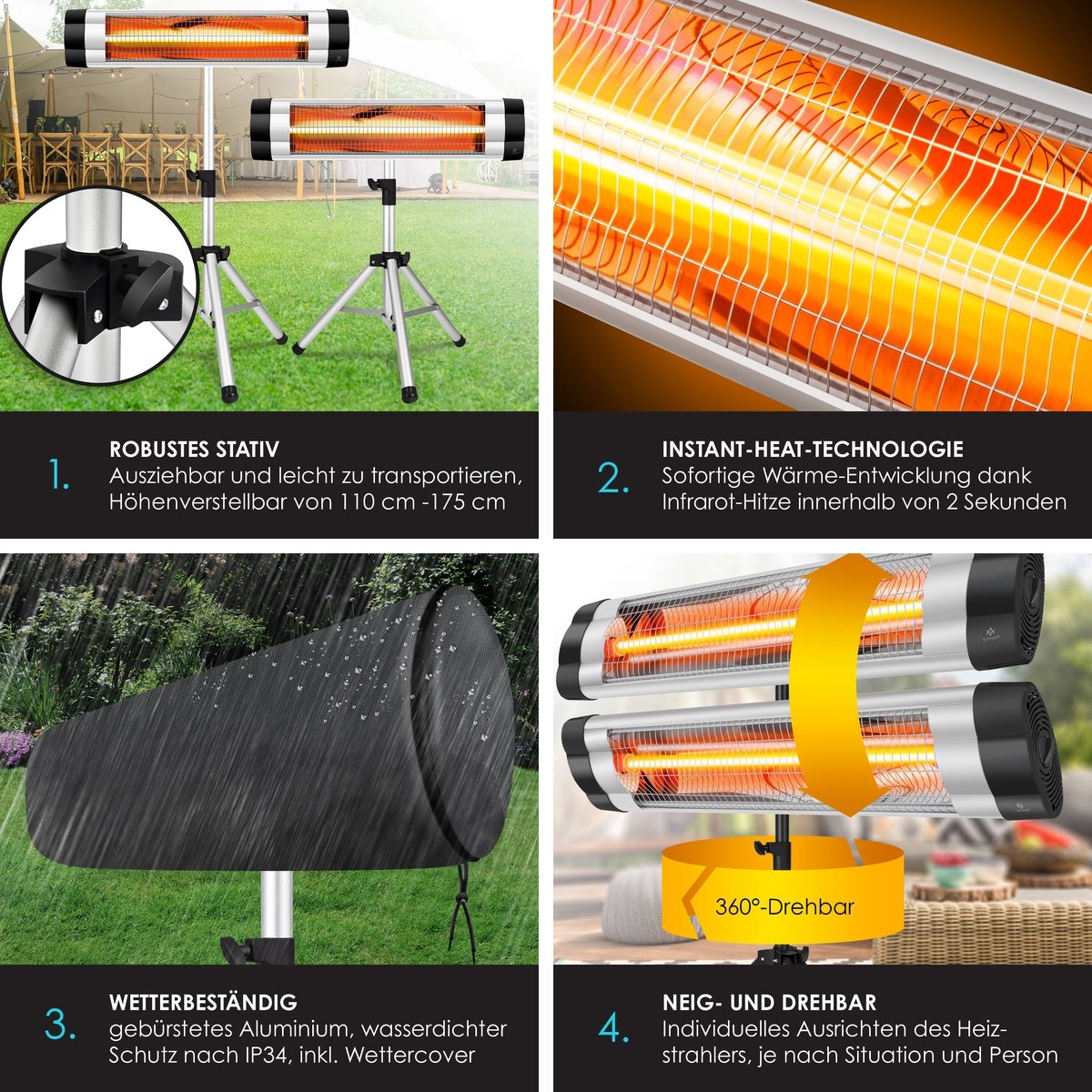 Terrasverwarmer - infrarood verwarming - patiostraler - heater - 2500W - met afstandsbediening - wand en standaardmontage - incl. beschermhoes - Afbeelding 5