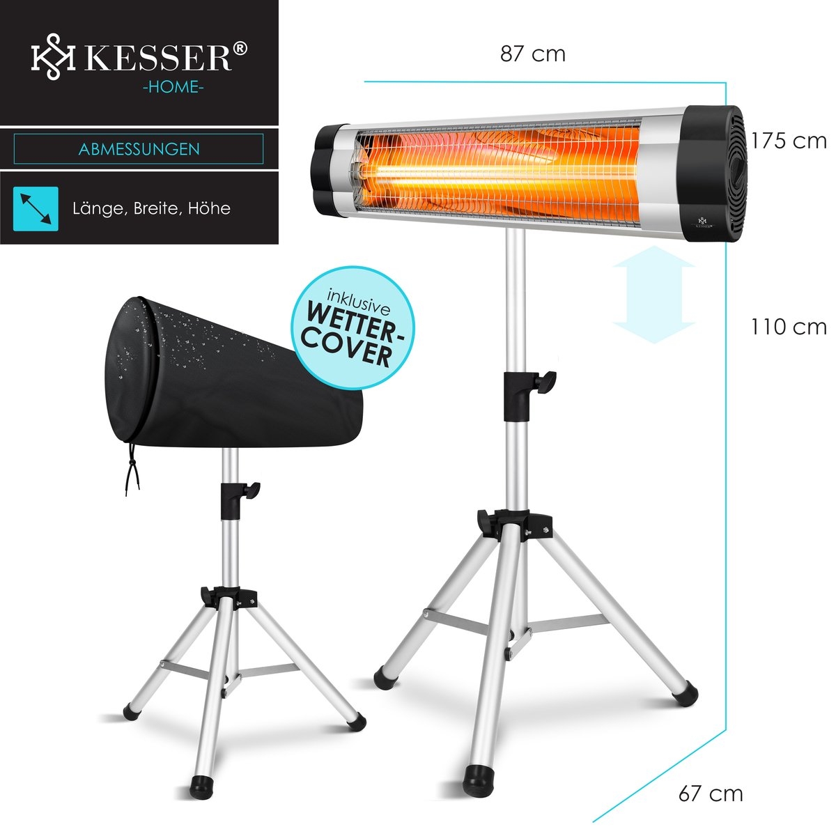 Terrasverwarmer - infrarood verwarming - patiostraler - heater - 2500W - met afstandsbediening - wand en standaardmontage - incl. beschermhoes - Afbeelding 6