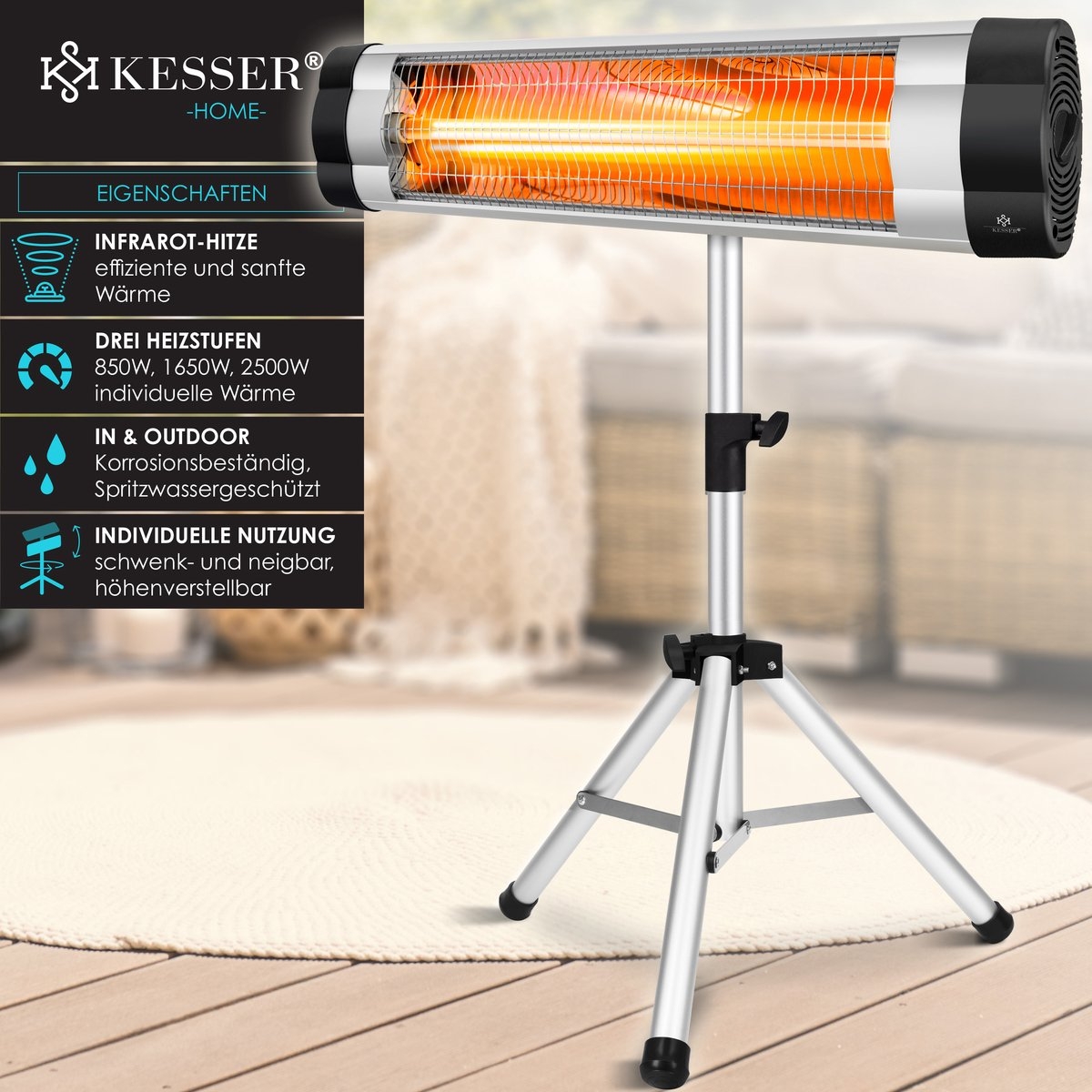 Terrasverwarmer - infrarood verwarming - patiostraler - heater - 2500W - met afstandsbediening - wand en standaardmontage - incl. beschermhoes - Afbeelding 7