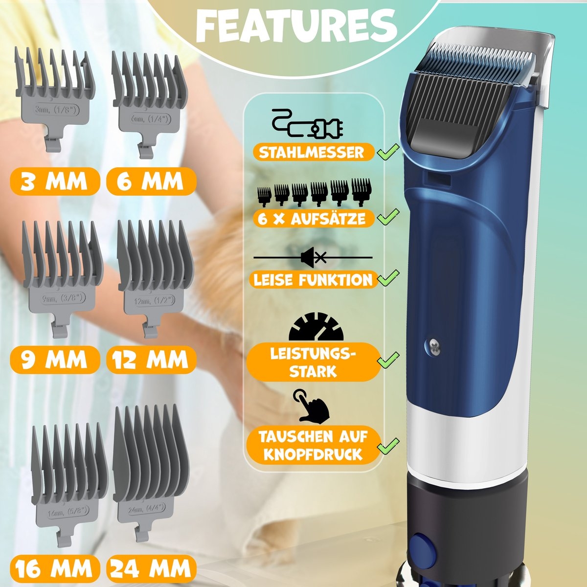 Hondentondeuse - 7in1 tondeuse voor dikke vacht - 7 opzetstukken - hondentrimmer draadloos -oplaadbaar voor honden en katten - Afbeelding 3