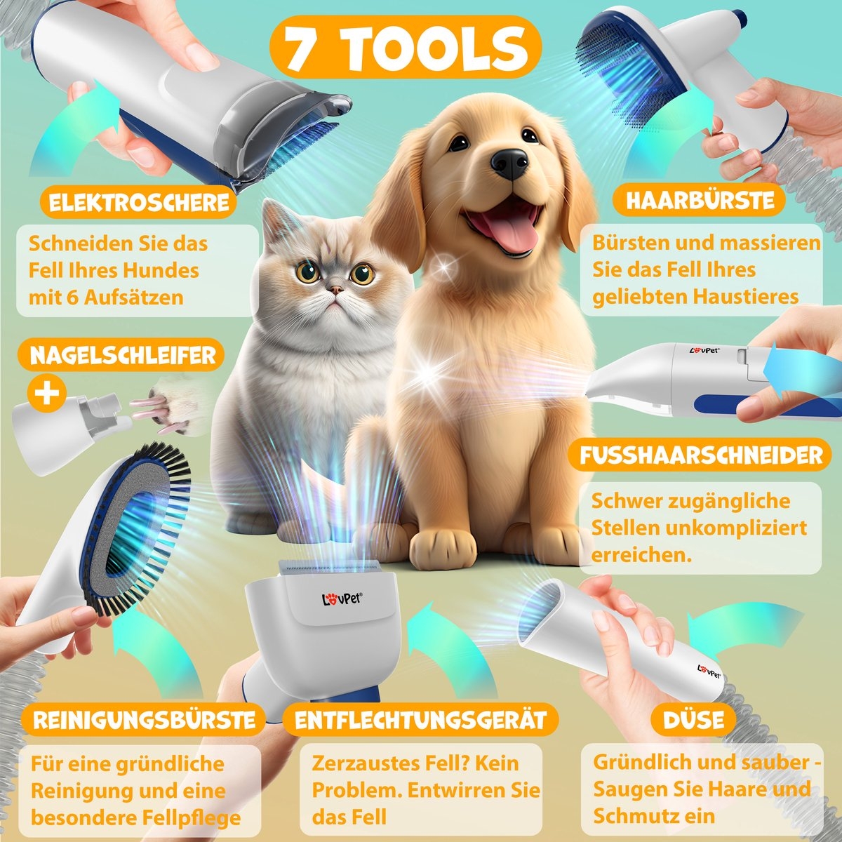 Hondentondeuse - 7in1 tondeuse voor dikke vacht - 7 opzetstukken - hondentrimmer draadloos -oplaadbaar voor honden en katten - Afbeelding 7