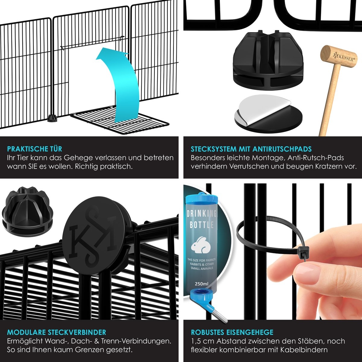 Konijnenren Konijnenhok - knaagdieren ren - 36 x 144 x 72 cm - kooi voor cavia hamster dwergkonijn konijn en puppy - voor binnen en biten - zwart - Afbeelding 2
