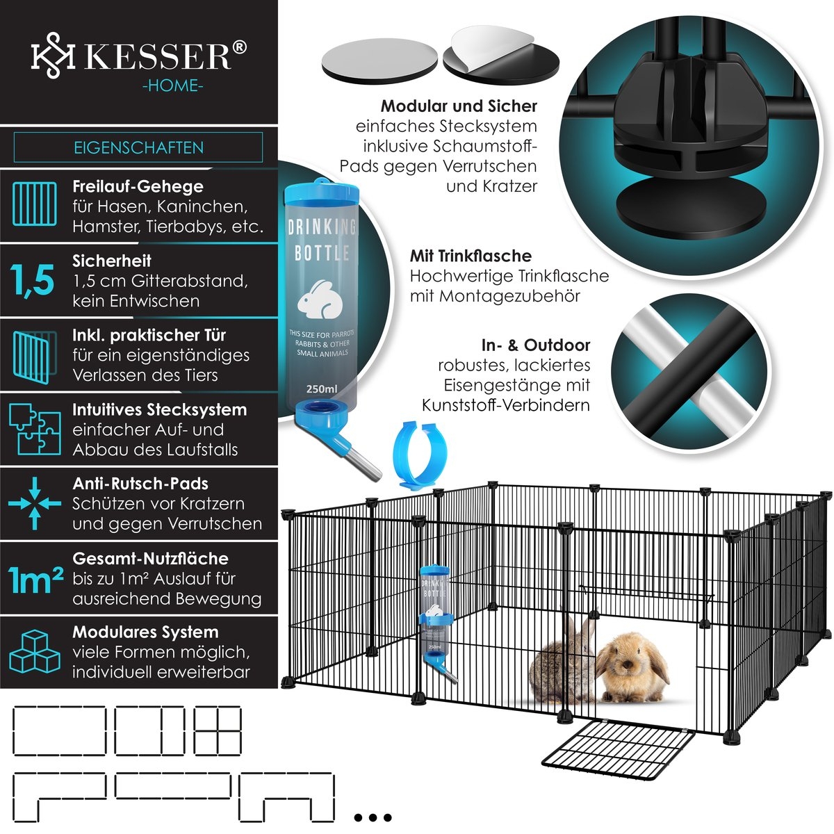 Konijnenren Konijnenhok - knaagdieren ren - 36 x 144 x 72 cm - kooi voor cavia hamster dwergkonijn konijn en puppy - voor binnen en biten - zwart - Afbeelding 3