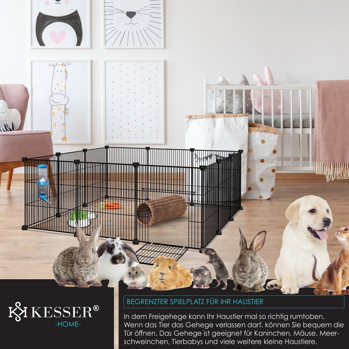 Konijnenren Konijnenhok - knaagdieren ren - 36 x 144 x 72 cm - kooi voor cavia hamster dwergkonijn konijn en puppy - voor binnen en biten - zwart - Afbeelding 5