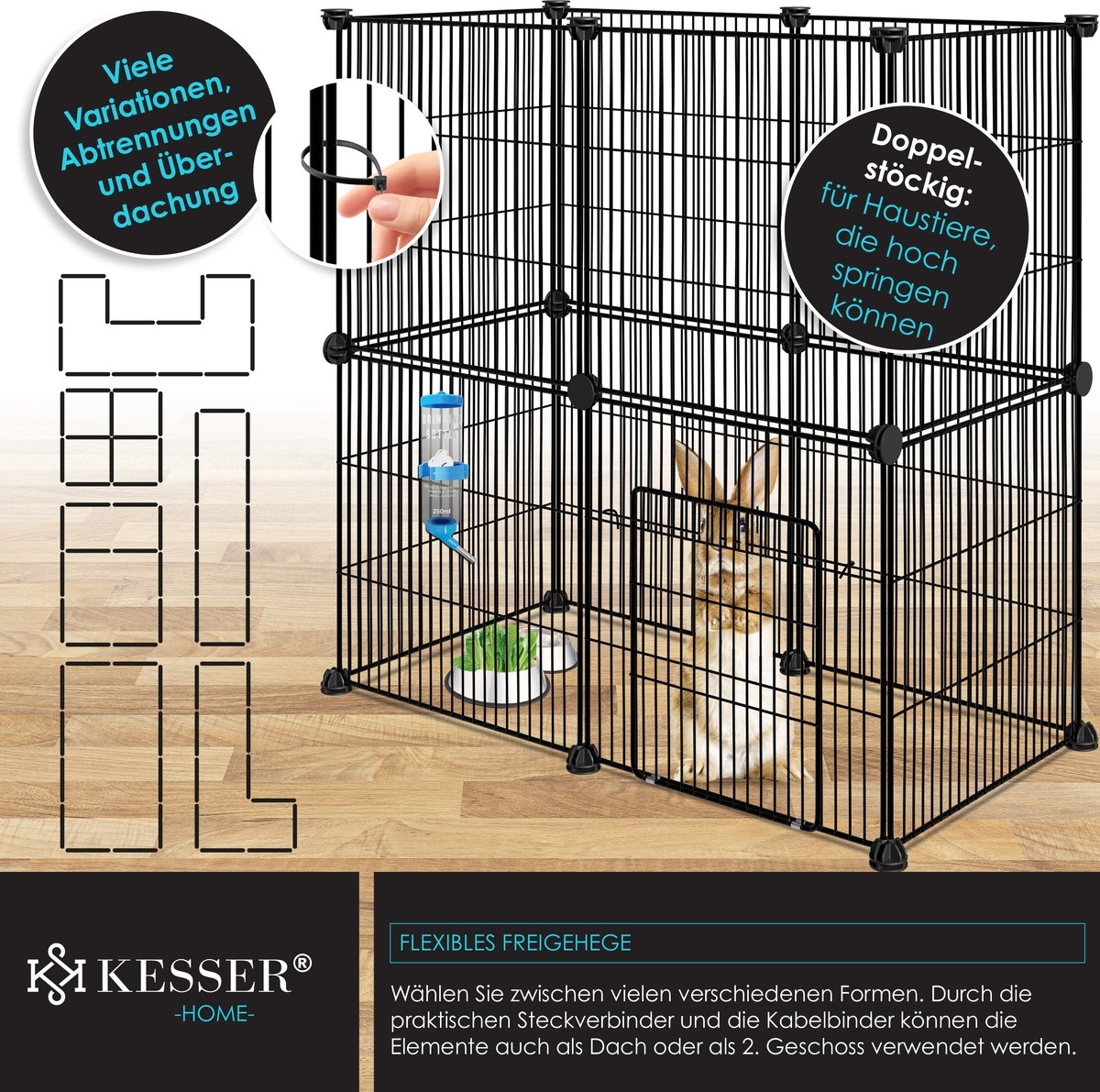 Konijnenren Konijnenhok - knaagdieren ren - 36 x 144 x 72 cm - kooi voor cavia hamster dwergkonijn konijn en puppy - voor binnen en biten - zwart - Afbeelding 6