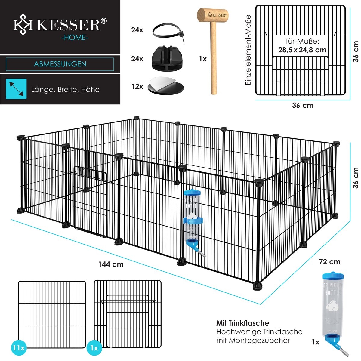 Konijnenren Konijnenhok - knaagdieren ren - 36 x 144 x 72 cm - kooi voor cavia hamster dwergkonijn konijn en puppy - voor binnen en biten - zwart - Afbeelding 7