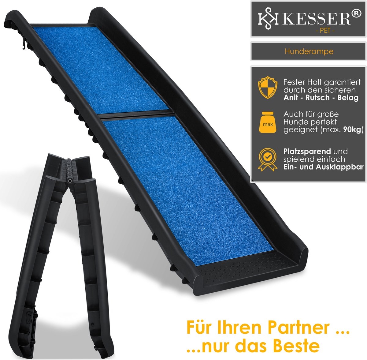 Hondenhelling - Loopplank - hondentrap - opvouwbaar - instaphulp voor kofferbak - tot 90 kg, 156x40cm - antislip - blauw - Afbeelding 2
