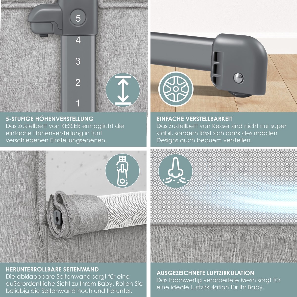 Ledikant / Co-Sleeper / Babybed / Bijzet Wieg - met zachte matras en wielen - hoogte verstelbaar - lichtgrijs - Afbeelding 3