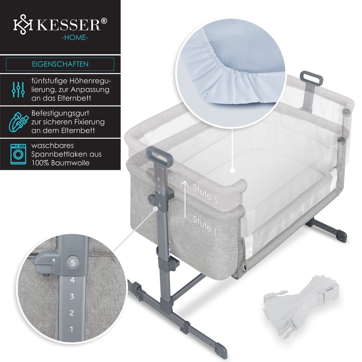 Ledikant / Co-Sleeper / Babybed / Bijzet Wieg - met zachte matras en wielen - hoogte verstelbaar - lichtgrijs - Afbeelding 4