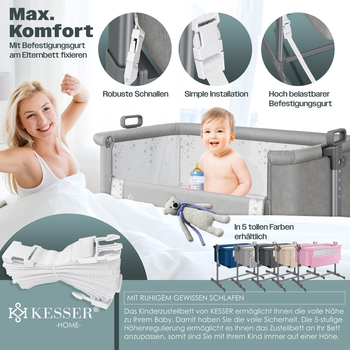 Ledikant / Co-Sleeper / Babybed / Bijzet Wieg - met zachte matras en wielen - hoogte verstelbaar - lichtgrijs - Afbeelding 5