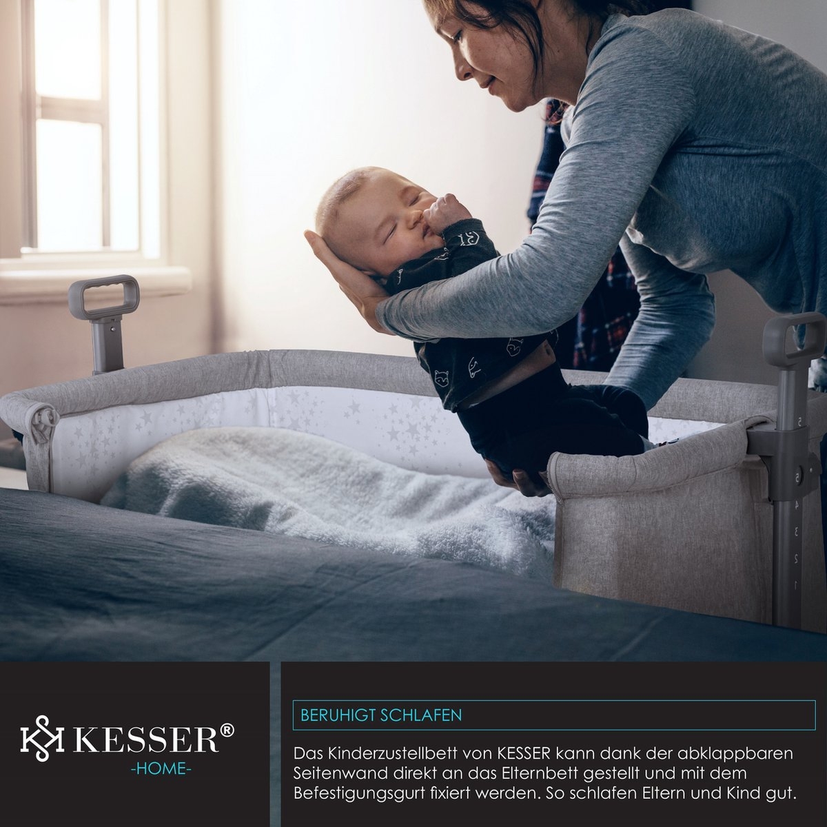 Ledikant / Co-Sleeper / Babybed / Bijzet Wieg - met zachte matras en wielen - hoogte verstelbaar - lichtgrijs - Afbeelding 6