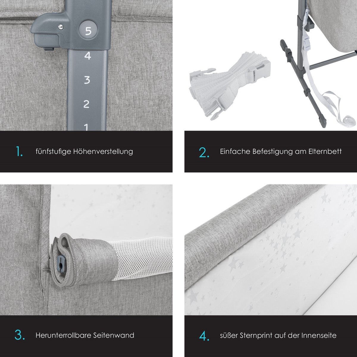 Ledikant / Co-Sleeper / Babybed / Bijzet Wieg - met zachte matras en wielen - hoogte verstelbaar - lichtgrijs - Afbeelding 8