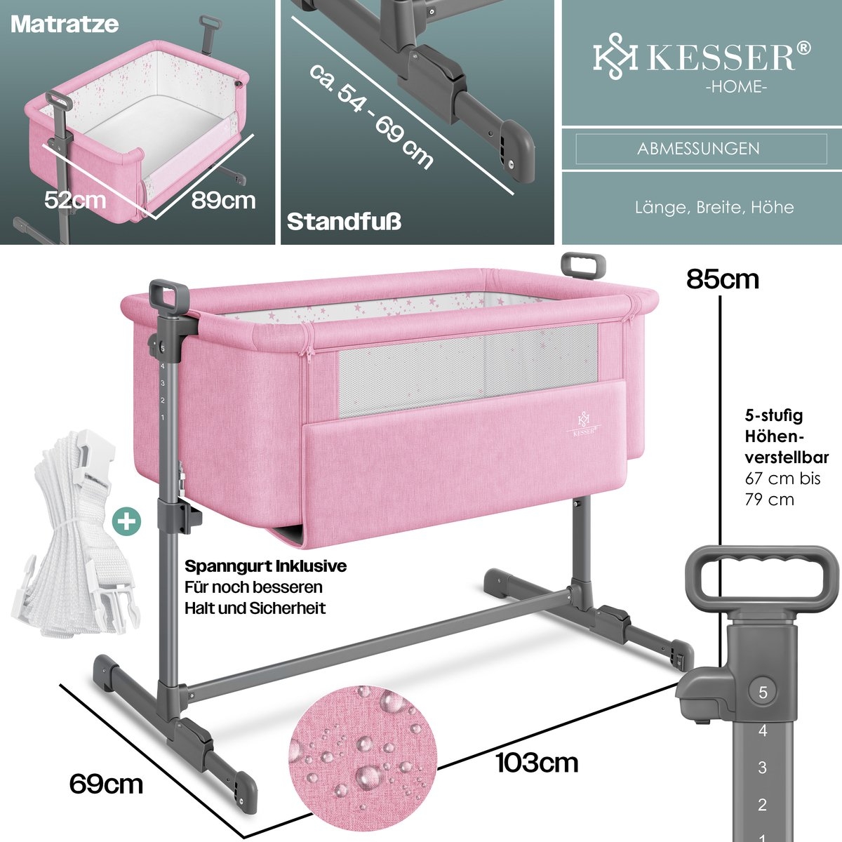 Ledikant / Co-Sleeper / Babybed / Bijzet Wieg - met zachte matras en wielen - hoogte verstelbaar - lichtgrijs - Afbeelding 9