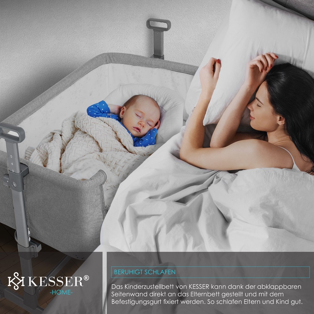 Ledikant / Co-Sleeper / Babybed / Bijzet Wieg - met zachte matras en wielen - hoogte verstelbaar - lichtgrijs - Afbeelding 10