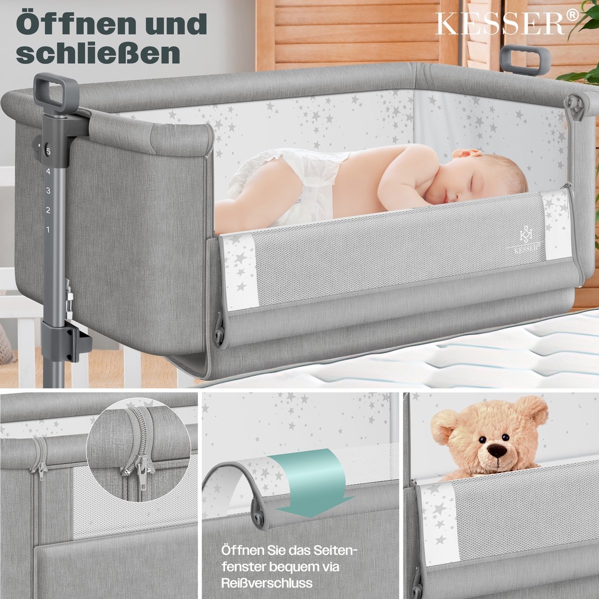 Ledikant / Co-Sleeper / Babybed / Bijzet Wieg - met zachte matras en wielen - hoogte verstelbaar - lichtgrijs - Afbeelding 11