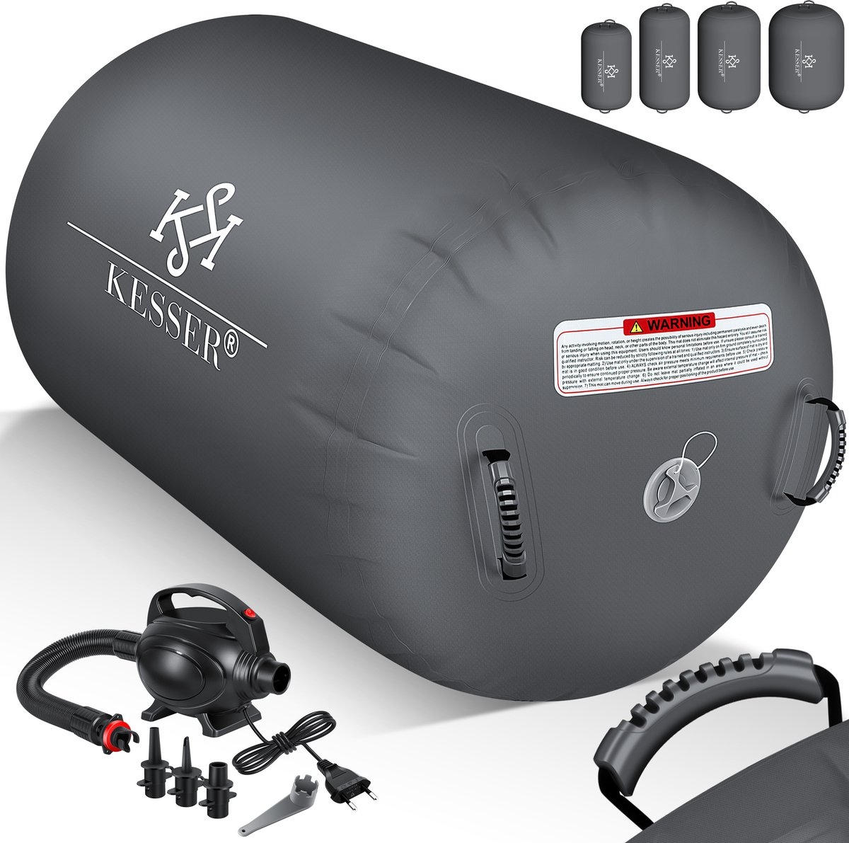 Grote opblaasbare fitnessrol - air roll - 120x90 cm - met elektrische pomp - antraciet / grijs - voor gymnastiek