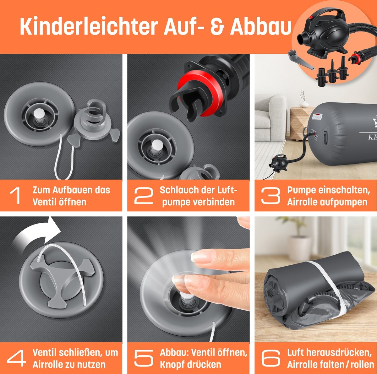 Grote opblaasbare fitnessrol - air roll - 120x90 cm - met elektrische pomp - antraciet / grijs - voor gymnastiek - Afbeelding 2