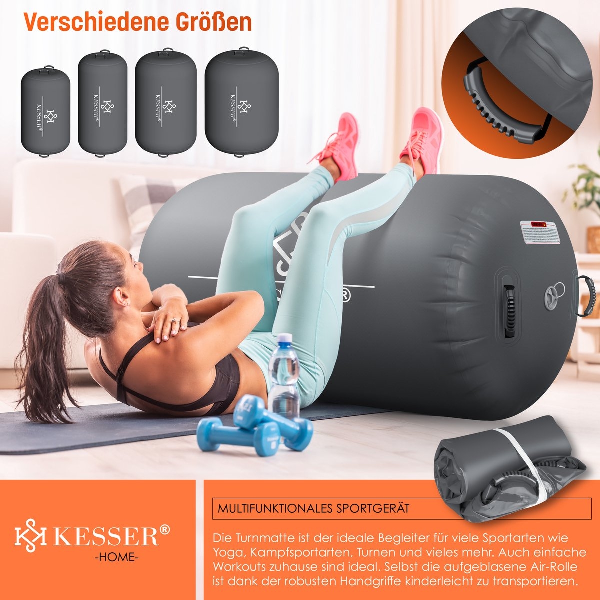 Grote opblaasbare fitnessrol - air roll - 120x90 cm - met elektrische pomp - antraciet / grijs - voor gymnastiek - Afbeelding 5