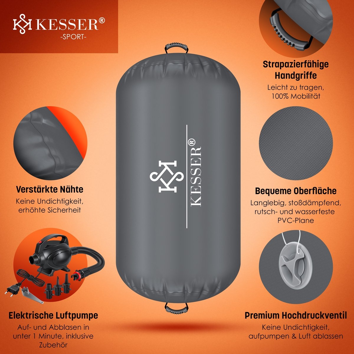 Grote opblaasbare fitnessrol - air roll - 120x90 cm - met elektrische pomp - antraciet / grijs - voor gymnastiek - Afbeelding 7