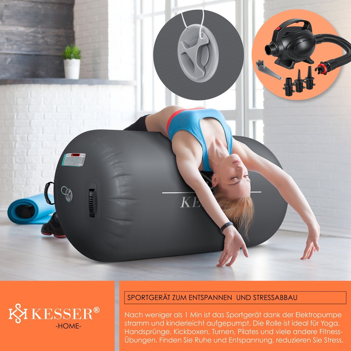 Grote opblaasbare fitnessrol - air roll - 120x90 cm - met elektrische pomp - antraciet / grijs - voor gymnastiek - Afbeelding 8