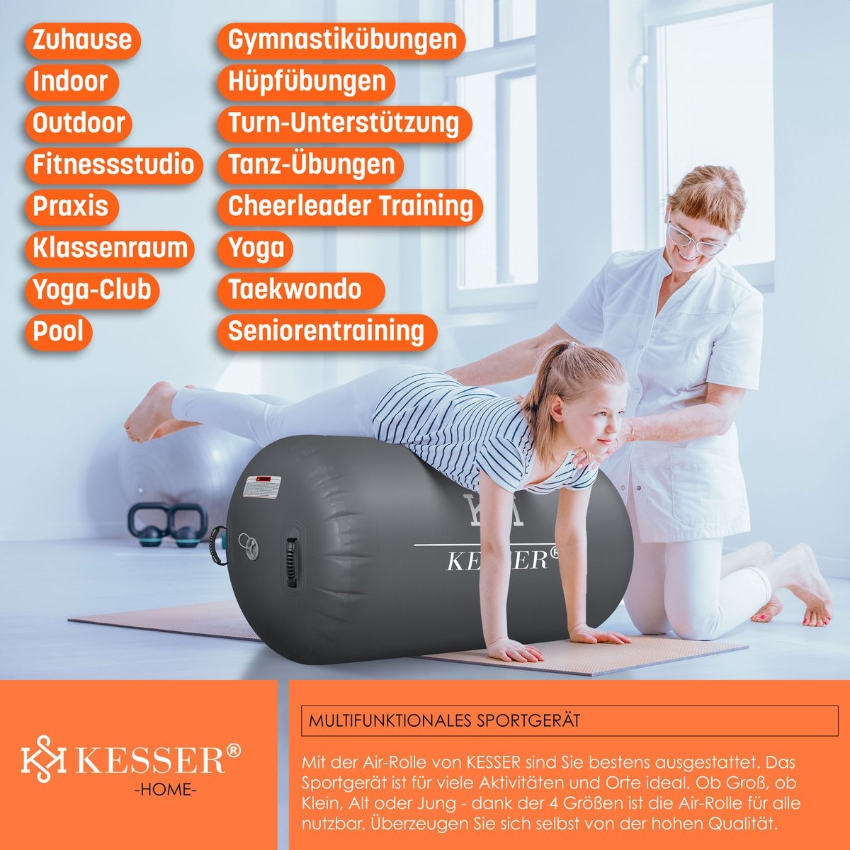 Grote opblaasbare fitnessrol - air roll - 120x90 cm - met elektrische pomp - antraciet / grijs - voor gymnastiek - Afbeelding 9