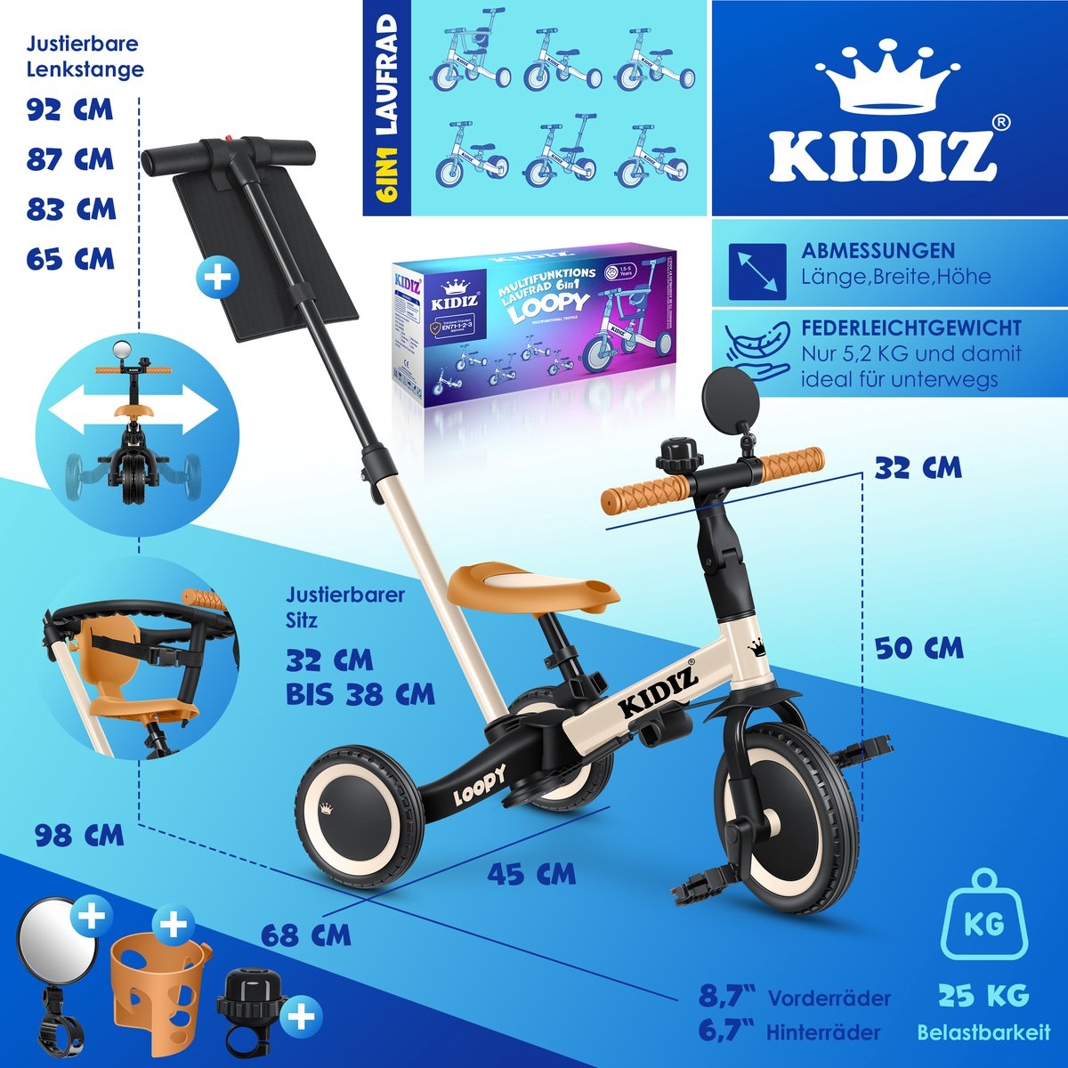 Loopfiets 6in1 - unisex - 1 tot 5 jaar - driewieler - tot 25 kg - kinderfiets - beige - Afbeelding 3