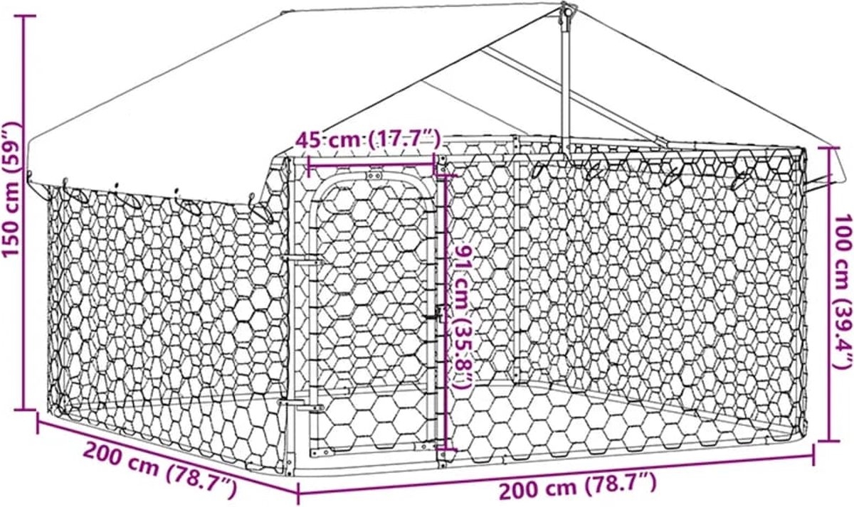 Hondenkennel voor buiten - met dak - 200x200x150 cm - metaal - Afbeelding 4