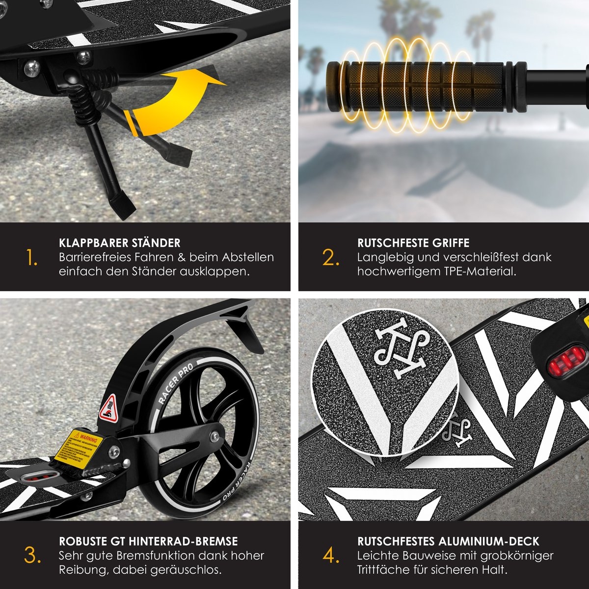 Stuntstep voor kinderen en volwassenen – max 100 kg – opvouwbaar – wieldiameter 205 mm – aluminium – zwart / carbonlook - Afbeelding 2