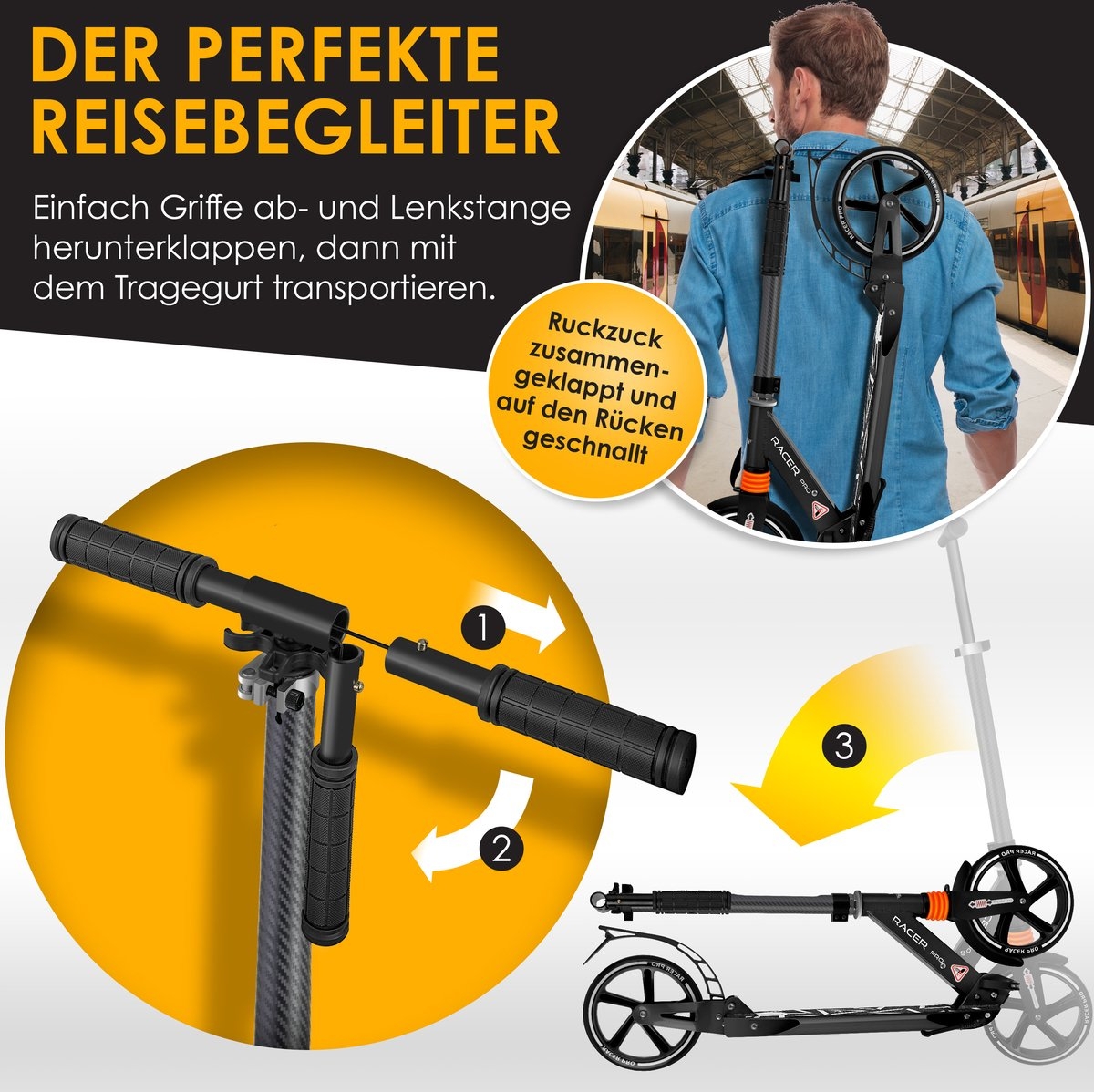Stuntstep voor kinderen en volwassenen – max 100 kg – opvouwbaar – wieldiameter 205 mm – aluminium – zwart / carbonlook - Afbeelding 5