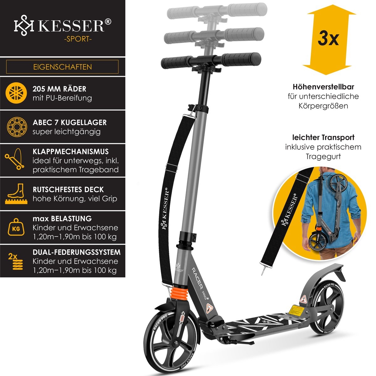 Stuntstep voor kinderen en volwassenen – max 100 kg – opvouwbaar – wieldiameter 205 mm – aluminium – grijs - Afbeelding 2