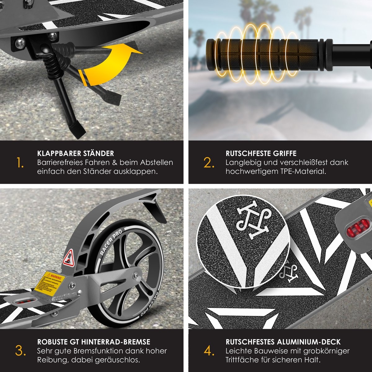 Stuntstep voor kinderen en volwassenen – max 100 kg – opvouwbaar – wieldiameter 205 mm – aluminium – grijs - Afbeelding 3