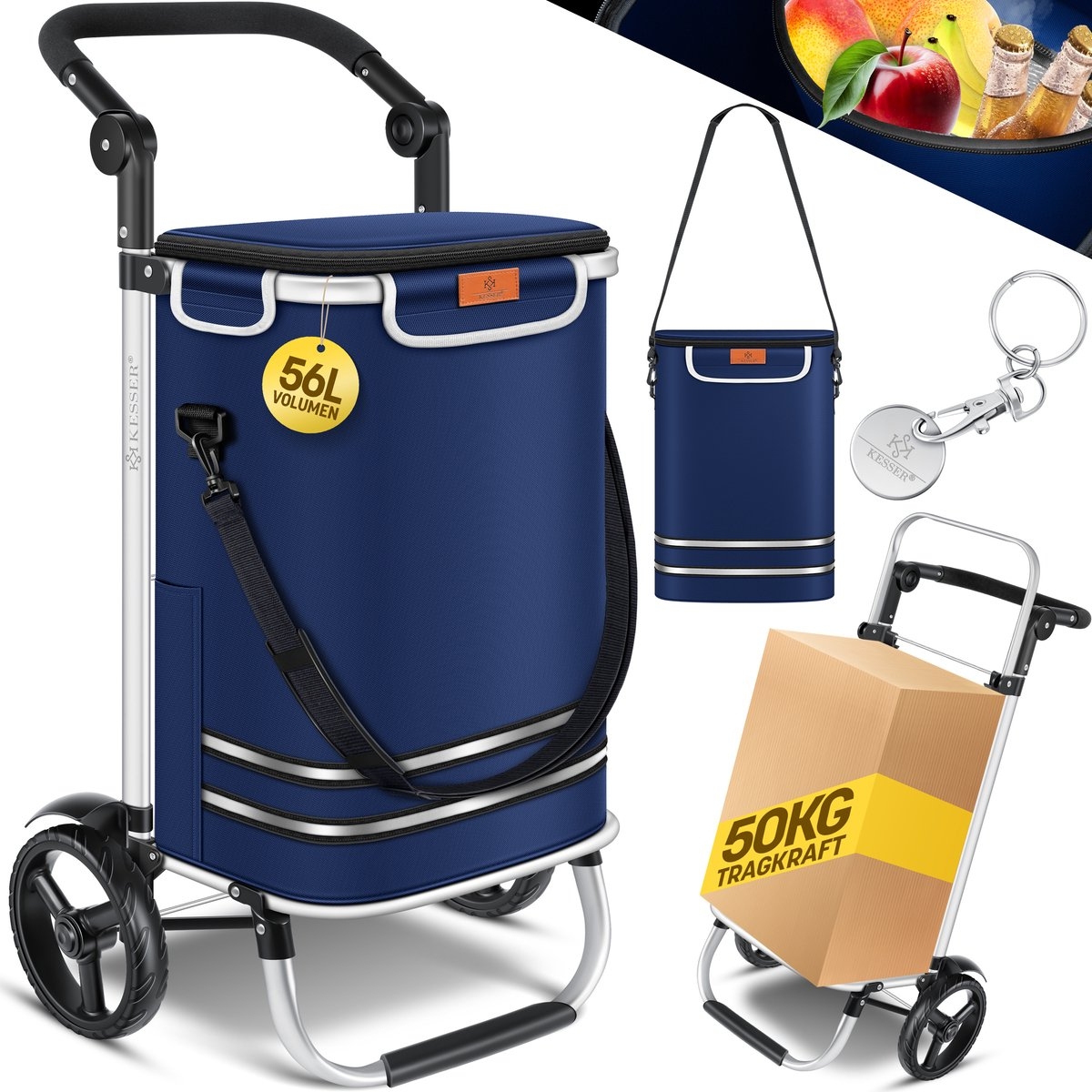 Boodschappentrolley met steekwagenfunctie – 2 in 1 – met koelvak – 56 liter – maximaal 50 kg – opvouwbaar – blauw