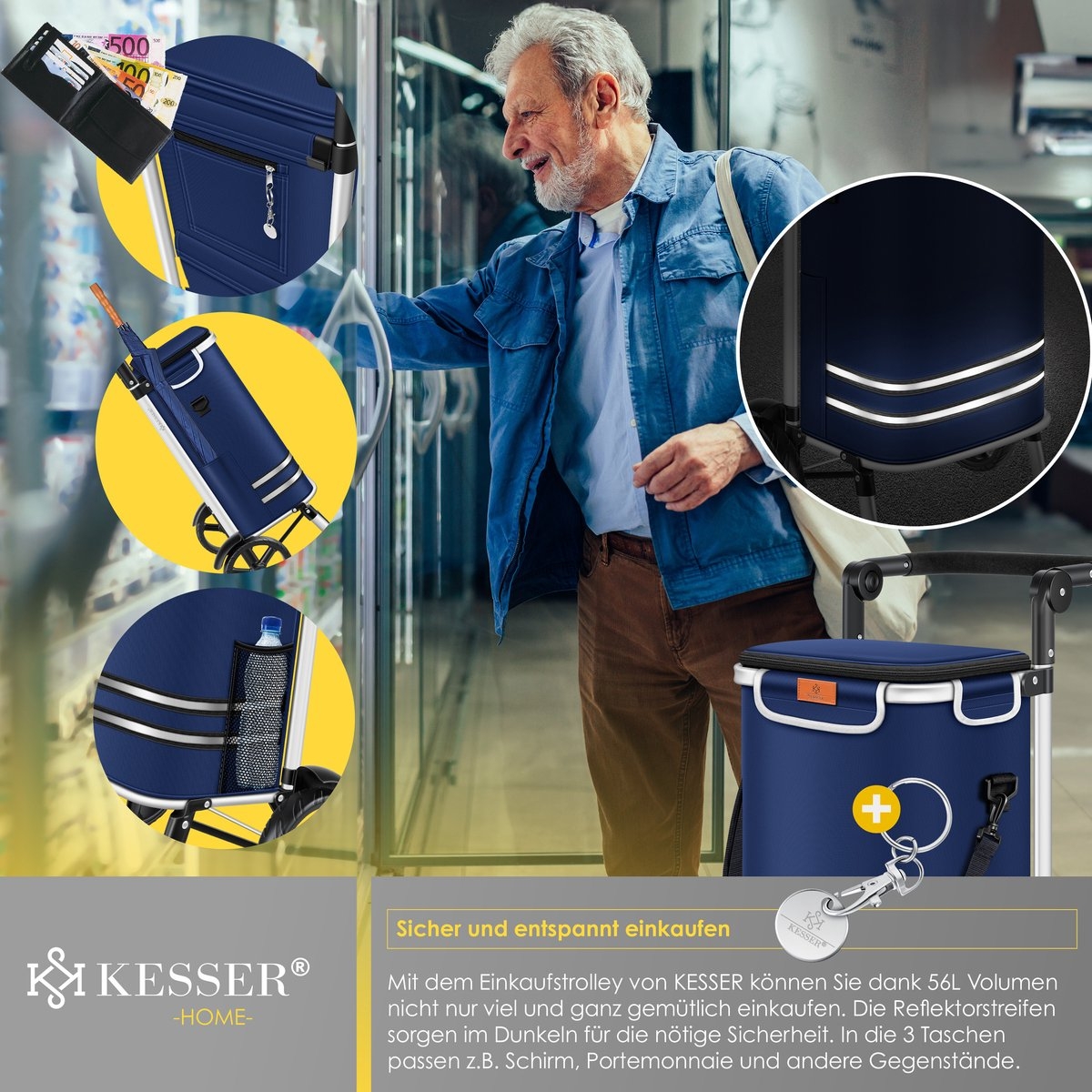 Boodschappentrolley met steekwagenfunctie – 2 in 1 – met koelvak – 56 liter – maximaal 50 kg – opvouwbaar – blauw - Afbeelding 2