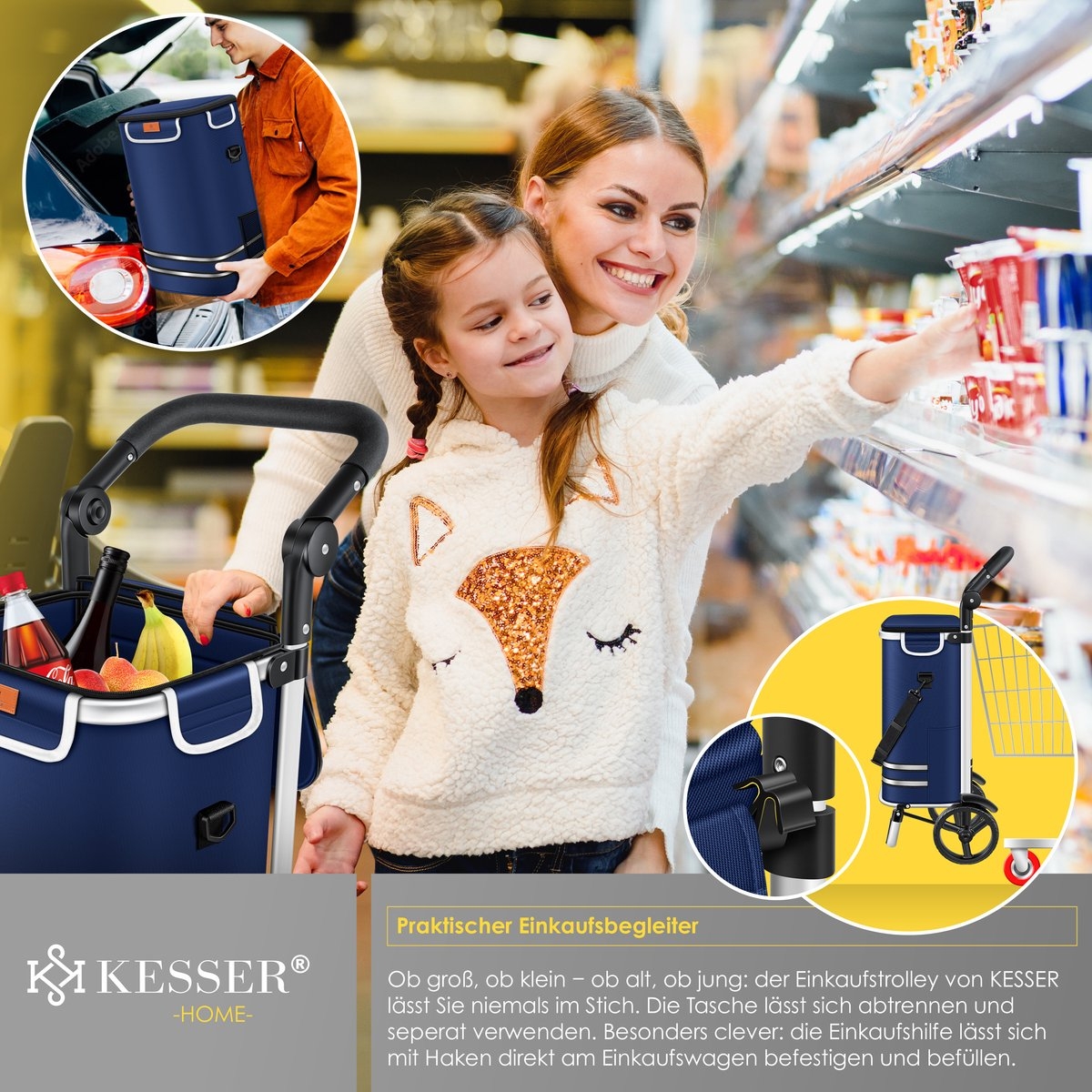 Boodschappentrolley met steekwagenfunctie – 2 in 1 – met koelvak – 56 liter – maximaal 50 kg – opvouwbaar – blauw - Afbeelding 3