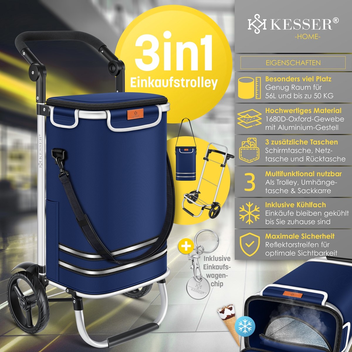 Boodschappentrolley met steekwagenfunctie – 2 in 1 – met koelvak – 56 liter – maximaal 50 kg – opvouwbaar – blauw - Afbeelding 4