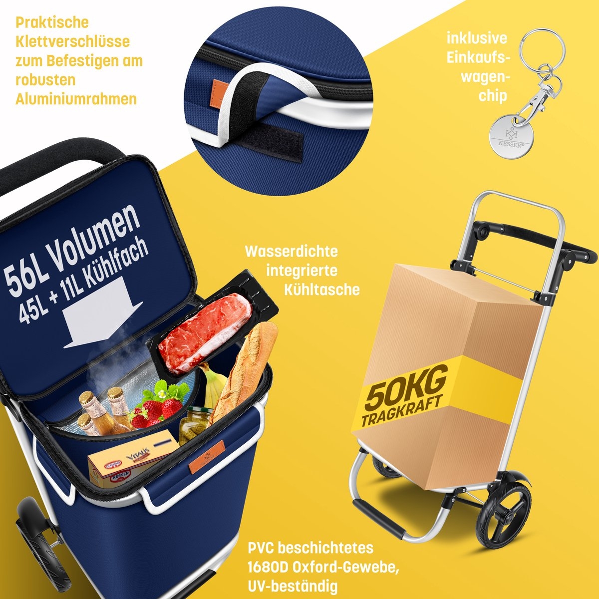 Boodschappentrolley met steekwagenfunctie – 2 in 1 – met koelvak – 56 liter – maximaal 50 kg – opvouwbaar – blauw - Afbeelding 5